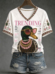 Women's Magazine Duck Print V-Neck T-Shirts
