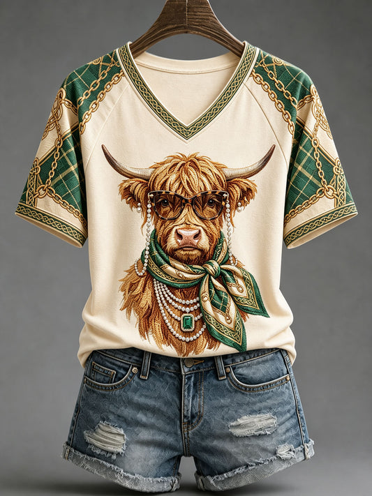 Women's Fun Highland Cow Print V-Neck T-Shirts