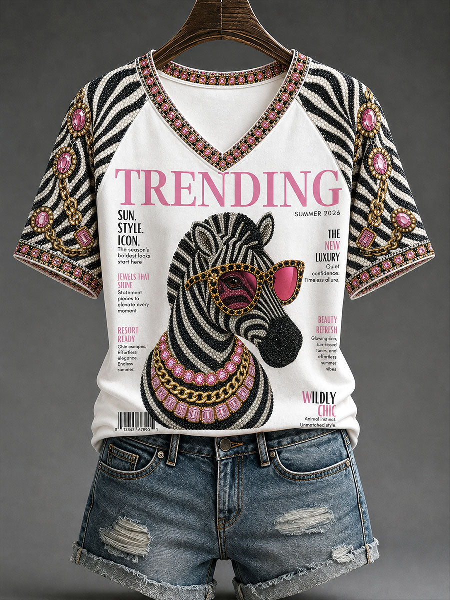 Women's Fashion Magazine Zebra Print V-Neck T-Shirts