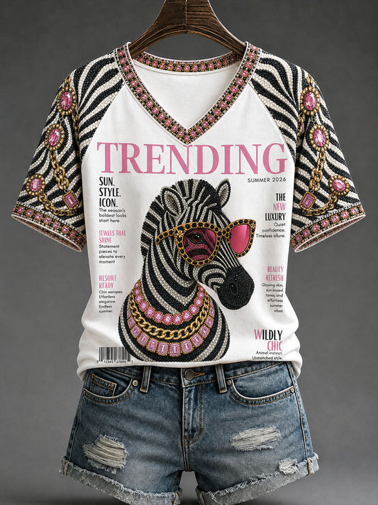 Women's Fashion Magazine Zebra Print V-Neck T-Shirts