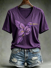 Women's Alzheimer's Awareness Floral Hummingbird Print Short-sleeved T-shirt