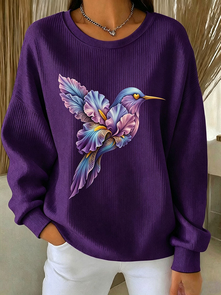 Women's Alzheimer's Awareness Floral Hummingbird Print Ribbed Round-Neck Sweatshirt