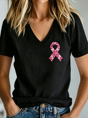 Women's Breast Cancer Awareness Print V-neck T-shirt