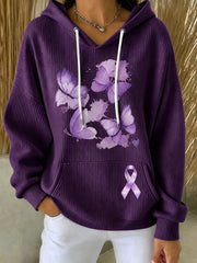 Women's Purple Ribbon Butterfly Print Comfy Hoodie