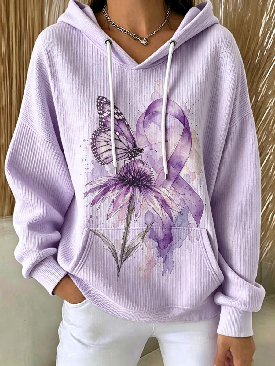 Women's Purple Ribbon Butterfly Floral Print Comfy Hoodie