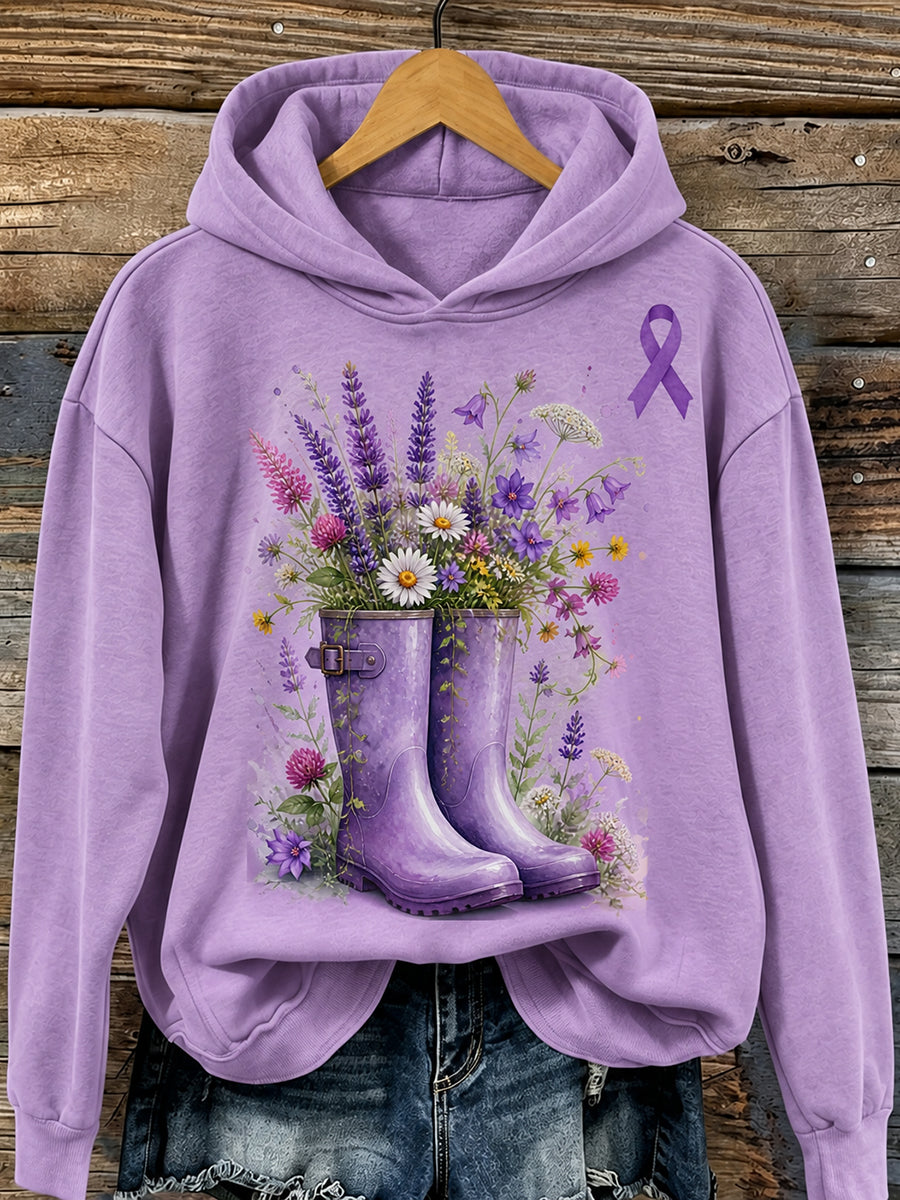 Women's Purple RibbonFloral Rain Boots Print Comfy Hoodie