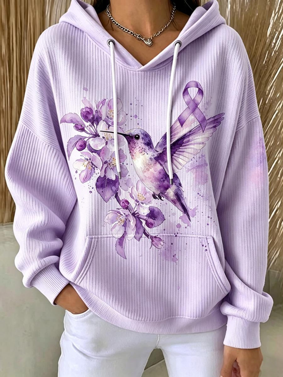 Women's Purple Ribbon Hummingbird Floral Print Comfy Hoodie