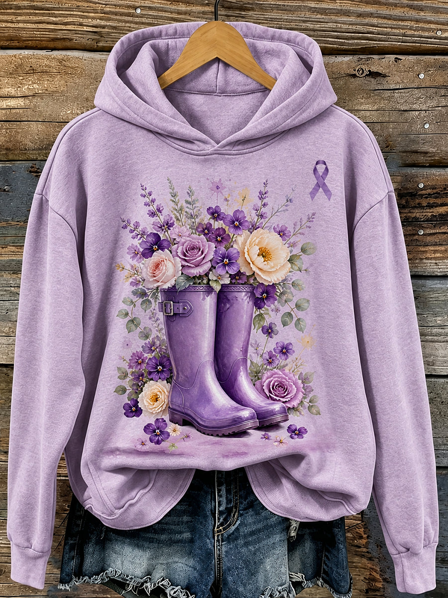 Women's Purple RibbonFloral Rain Boots Print Comfy Hoodie
