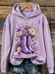 Women's Purple RibbonFloral Rain Boots Print Comfy Hoodie
