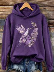 Women's Purple Ribbon Hummingbird Floral Print Comfy Hoodie