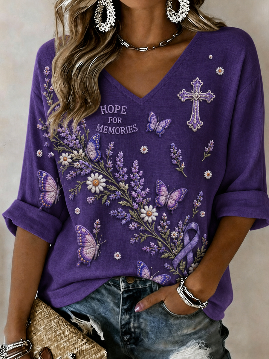 Women's Alzheimer's Awareness Purple Art Print linen short-sleeved T-shirt