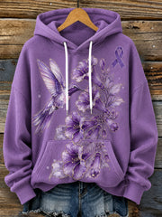 Women's Purple Ribbon Hummingbird Floral Print Comfy Hoodie