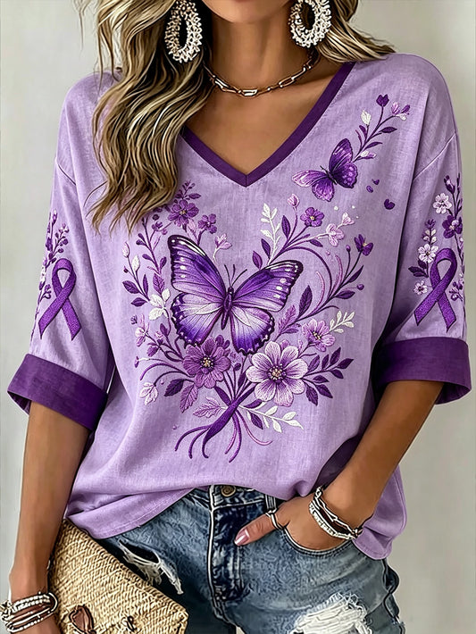 Women's purple floral and purple charity ribbon pattern design casual mid-length sleeves V-neck T-shirt