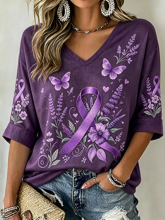 Women's purple floral and purple charity ribbon pattern design casual mid-length sleeves V-neck T-shirt