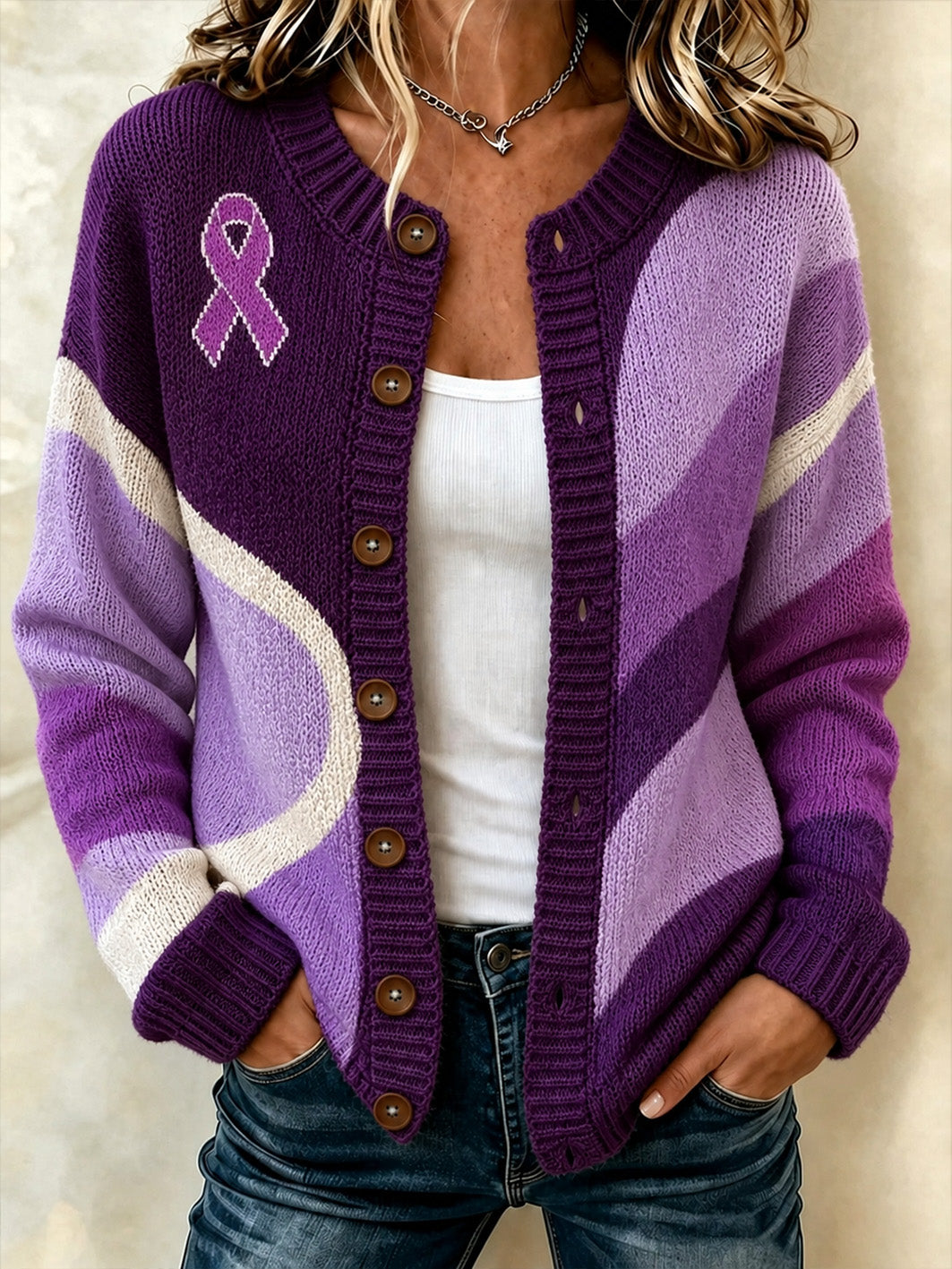 Women's Purple Color Block Design Casual Cardigan-Style Knit Jacket