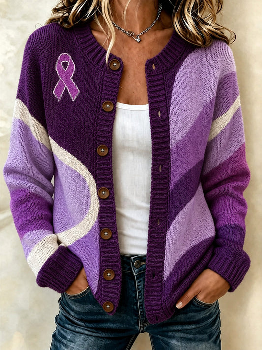 Women's Purple Color Block Design Casual Cardigan-Style Knit Jacket