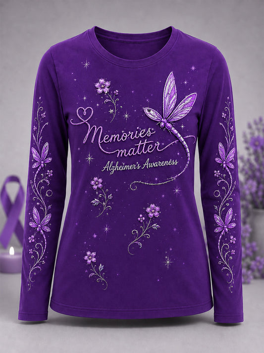 Women's Purple Floral & Dragonfly Print Alzheimer's Awareness Support Long-Sleeve T-Shirt