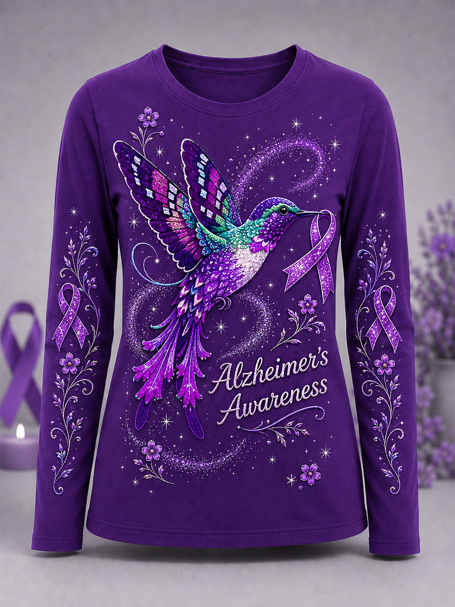 Women's Purple Floral & Hummingbird Print Alzheimer's Awareness Support Long-Sleeve T-Shirt