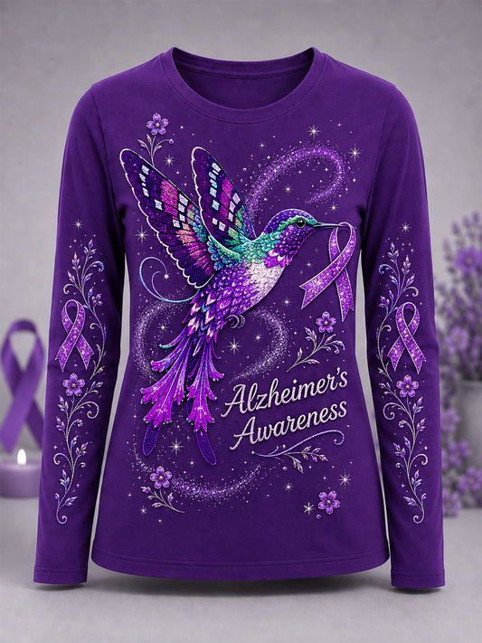 Women's Purple Floral & Hummingbird Print Alzheimer's Awareness Support Long-Sleeve T-Shirt