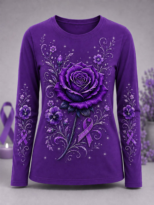Women's Purple Rose Print Alzheimer's Awareness Support Long-Sleeve T-Shirt