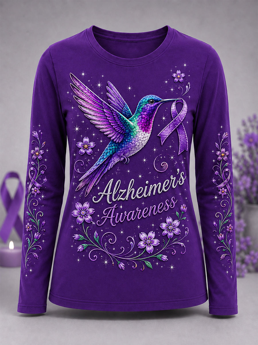 Women's Purple Floral & Hummingbird Print Alzheimer's Awareness Support Long-Sleeve T-Shirt