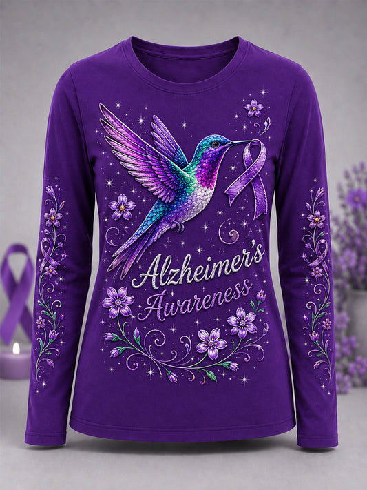 Women's Purple Floral & Hummingbird Print Alzheimer's Awareness Support Long-Sleeve T-Shirt