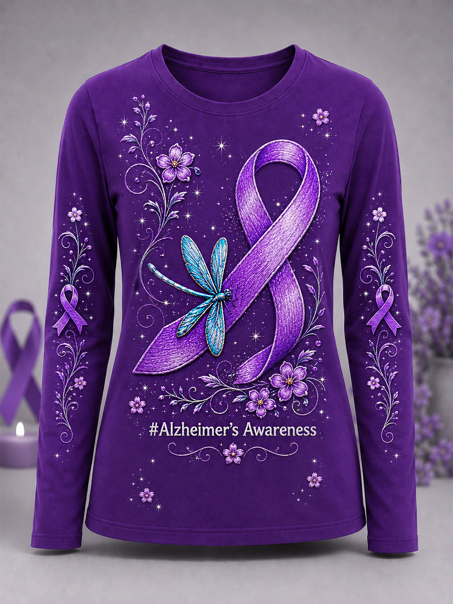 Women's Purple Ribbon Dragonfly Print Alzheimer's Awareness Support Long-Sleeve T-Shirt