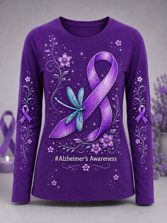 Women's Purple Ribbon Dragonfly Print Alzheimer's Awareness Support Long-Sleeve T-Shirt