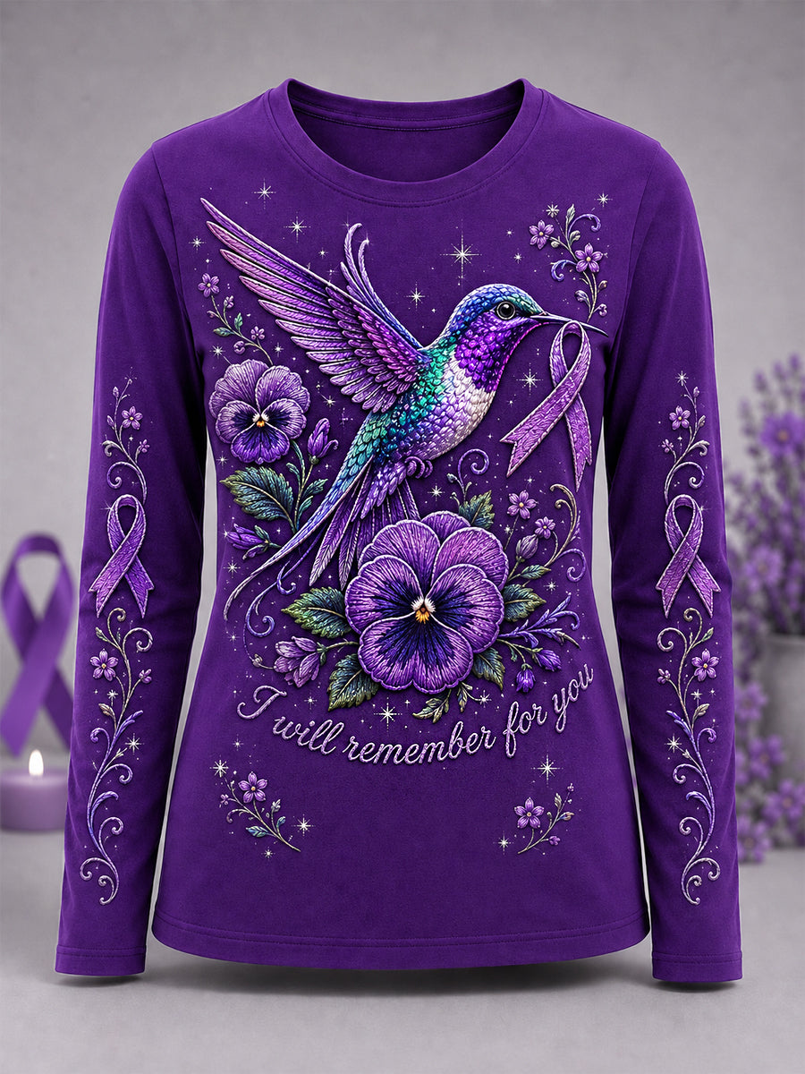 Women's Purple Floral & Hummingbird Print Alzheimer's Awareness Support Long-Sleeve T-Shirt