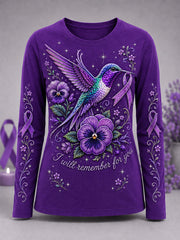 Women's Purple Floral & Hummingbird Print Alzheimer's Awareness Support Long-Sleeve T-Shirt