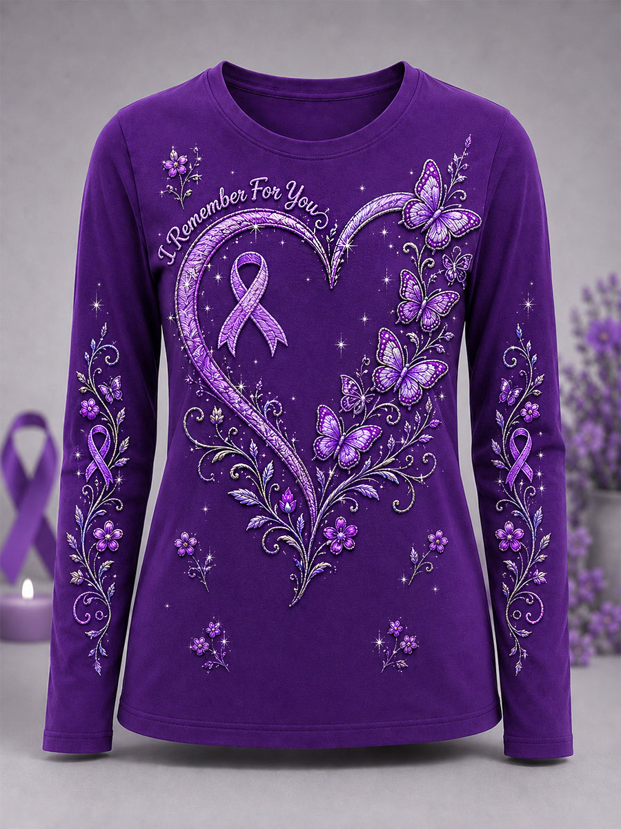 Women's Purple Ribbon Butterflies Print Alzheimer's Awareness Support Long-Sleeve T-Shirt