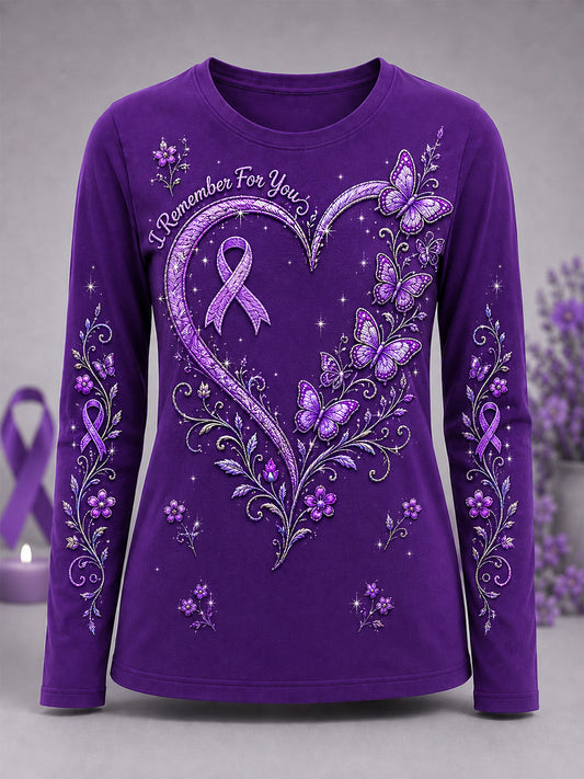 Women's Purple Ribbon Butterflies Print Alzheimer's Awareness Support Long-Sleeve T-Shirt