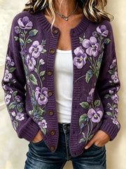 Women's Purple Flowers Pattern Printed Causal Cardigan-Style Knit Jacket