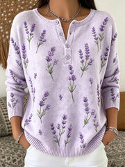 Women's purple flowers pattern printed causal long-sleeve cardigan
