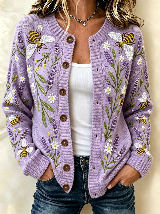 Women's Purple Flowers Pattern Printed Causal Cardigan-Style Knit Jacket