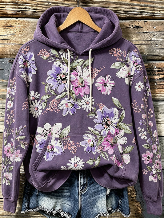 Women's purple flowers pattern printed causal hoodie