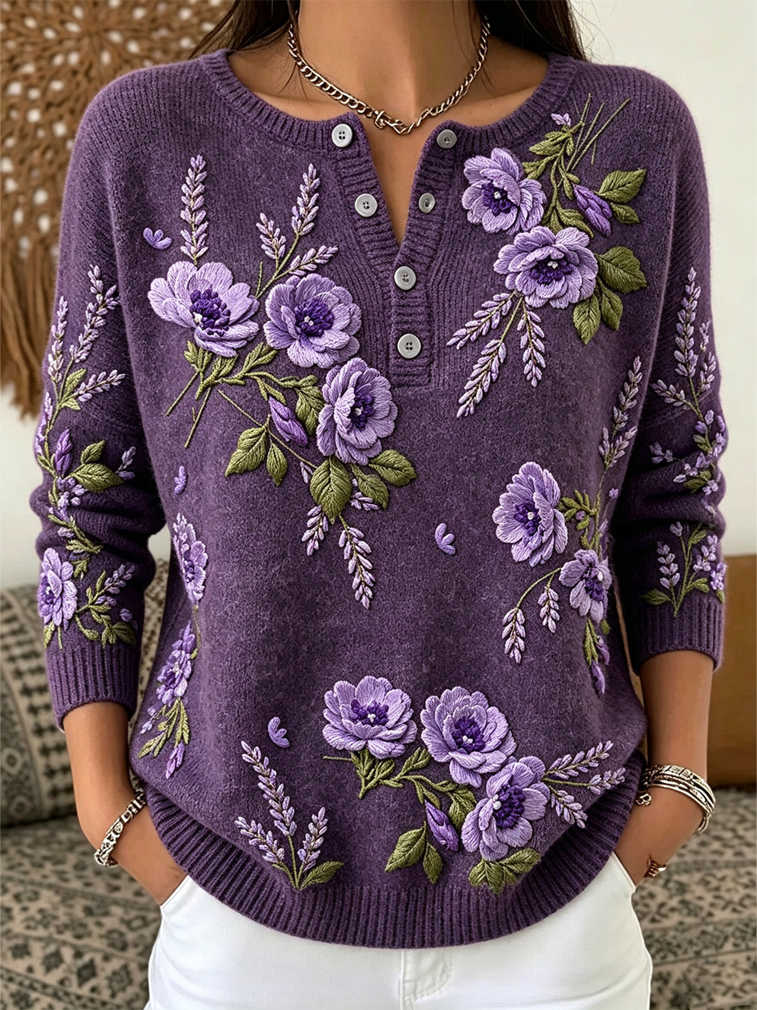 Women's purple flowers pattern printed causal  long-sleeve cardigan