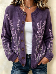 Women's Purple Flowers Pattern Printed Causal Cardigan-Style Knit Jacket