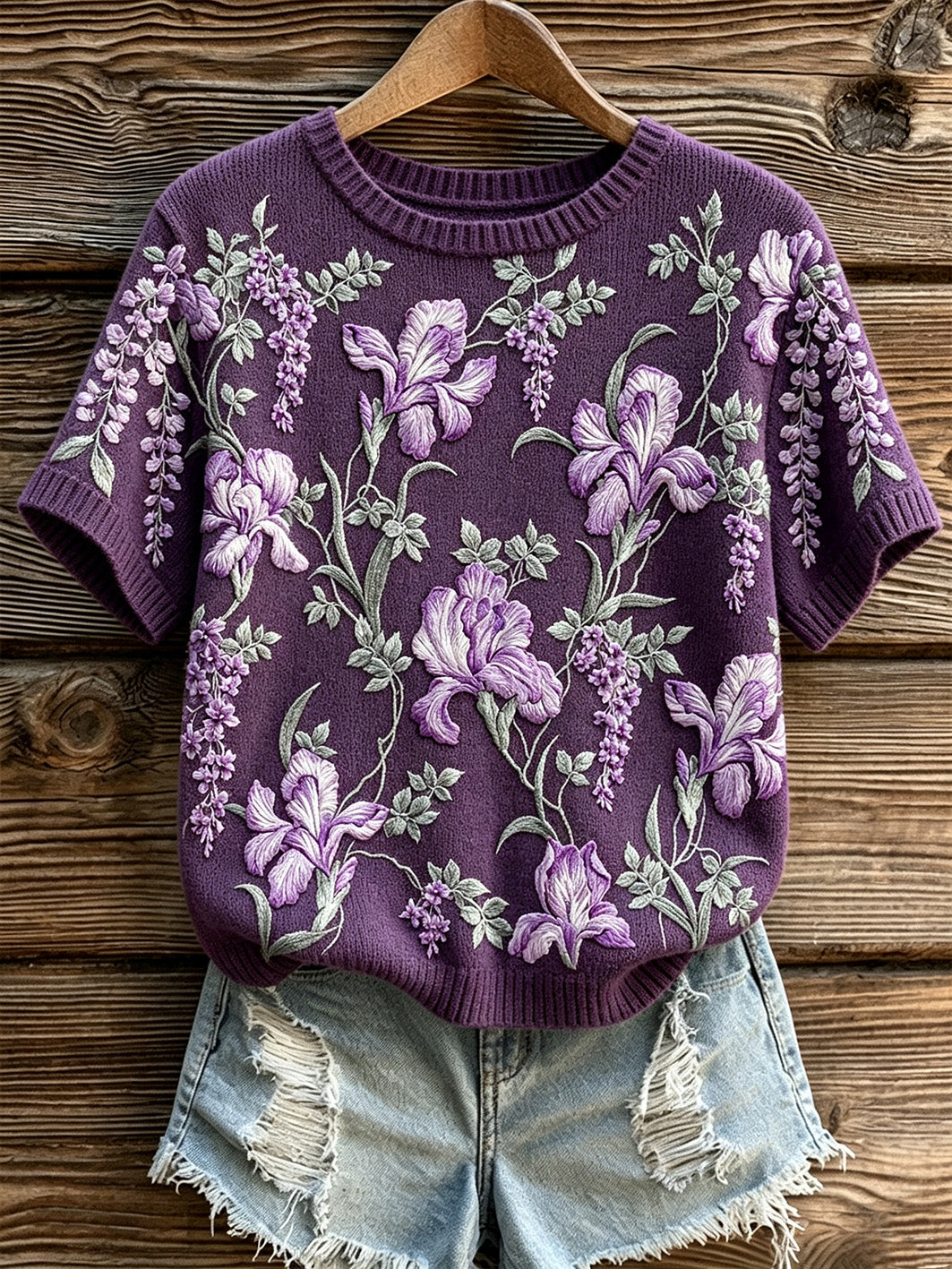Women's purple flowers pattern printed causal short sleeve sweater