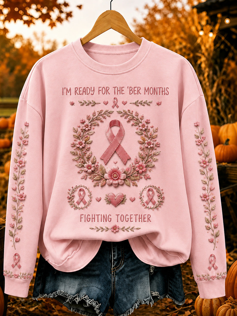 Women's Vintage Pink Ribbon Fighting Together Print Comfy Sweatshirt