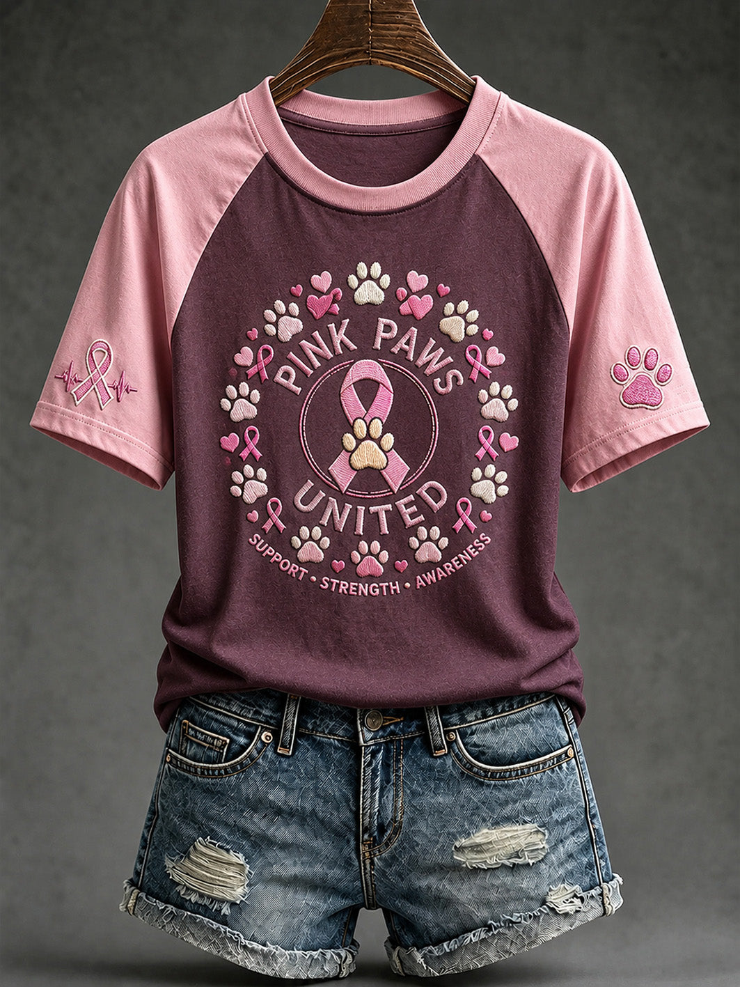Women's Paws For The Cure slogan pink paws printed short sleeve T-shirt