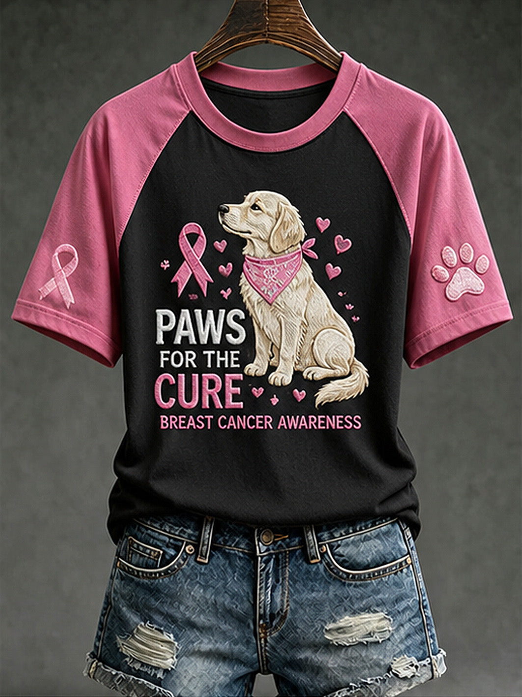 Women's Paws For The Cure slogan cute dog printed short sleeve T-shirt