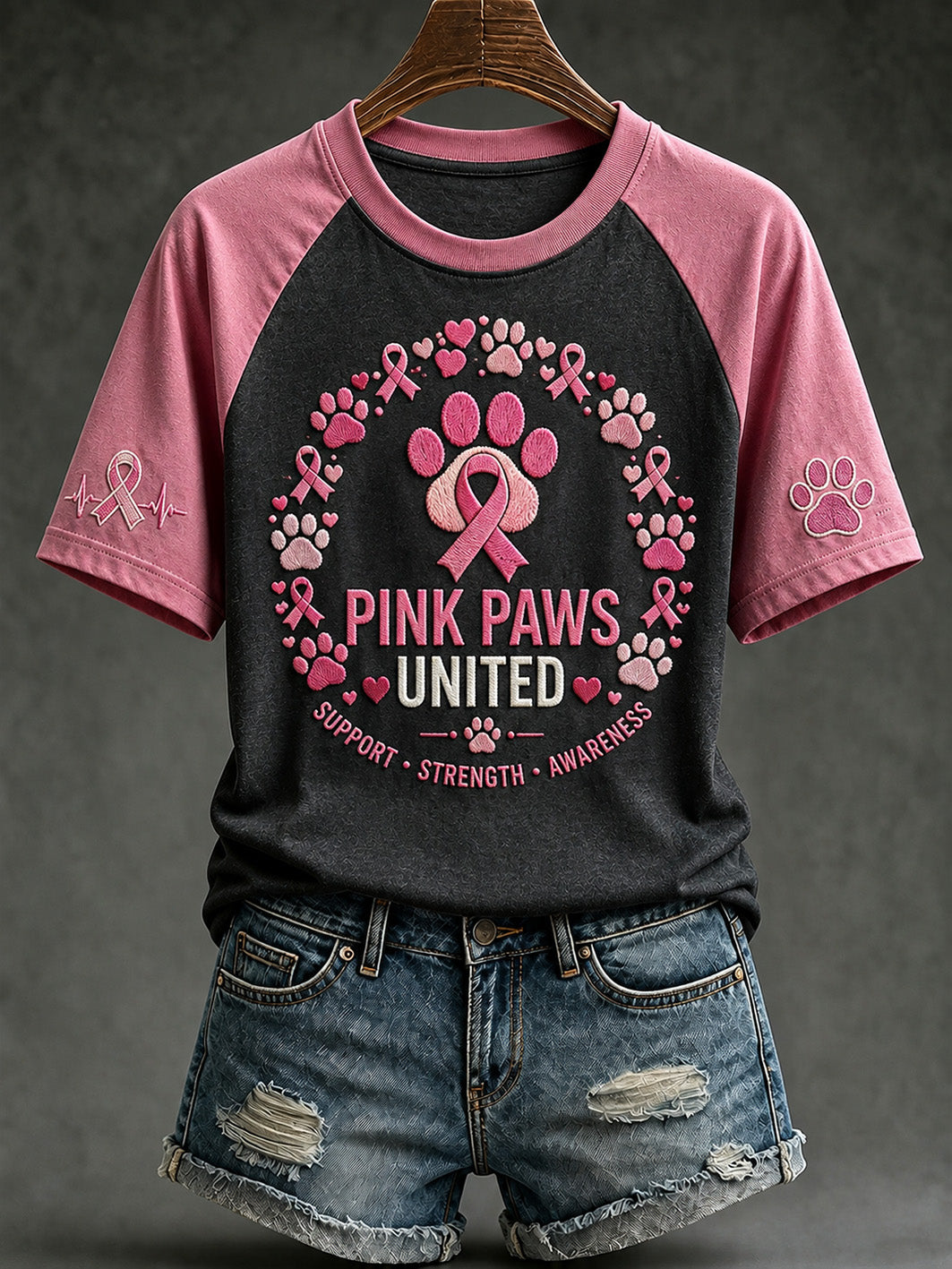 Women's Paws For The Cure slogan pink paws printed short sleeve T-shirt