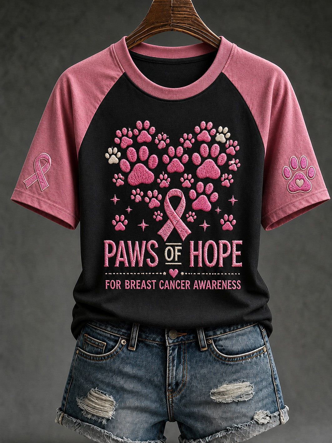 Women's Paws For The Cure slogan pink paws printed short sleeve T-shirt