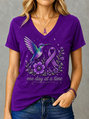 Women's Purple Floral & Hummingbird Print Alzheimer's Awareness Support V-Neck Tee