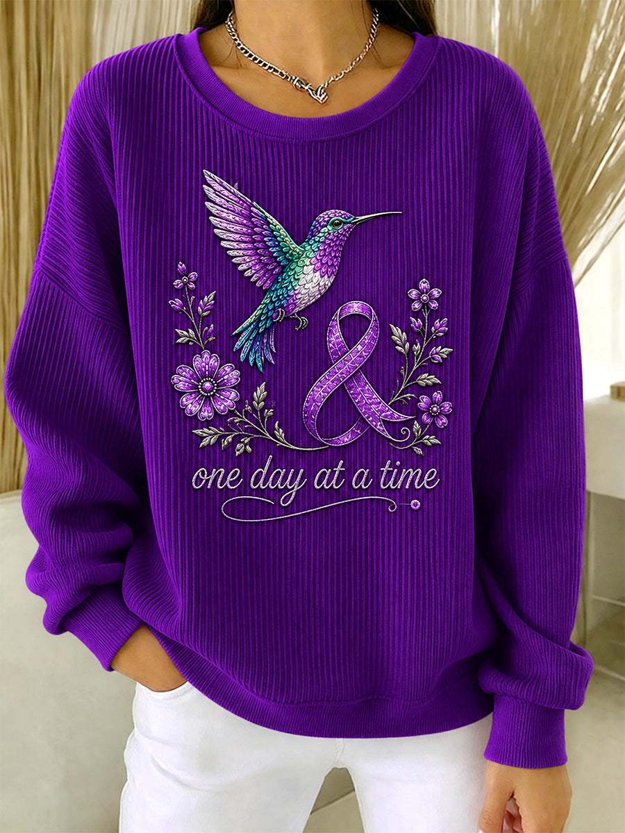 Women's Purple Floral & Hummingbird Print Alzheimer's Awareness Support Ribbed Round-Neck Sweatshirt