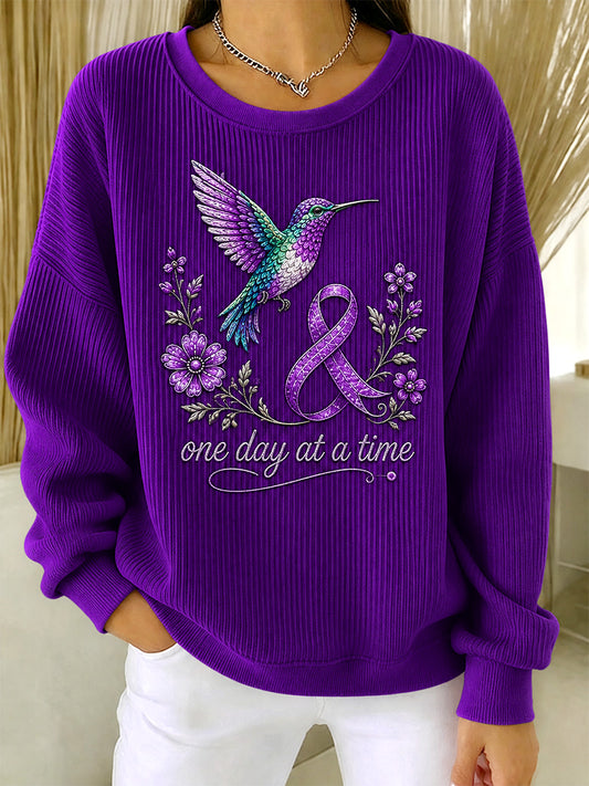 Women's Purple Floral & Hummingbird Print Alzheimer's Awareness Support Ribbed Round-Neck Sweatshirt