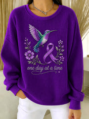 Women's Purple Floral & Hummingbird Print Alzheimer's Awareness Support Ribbed Round-Neck Sweatshirt