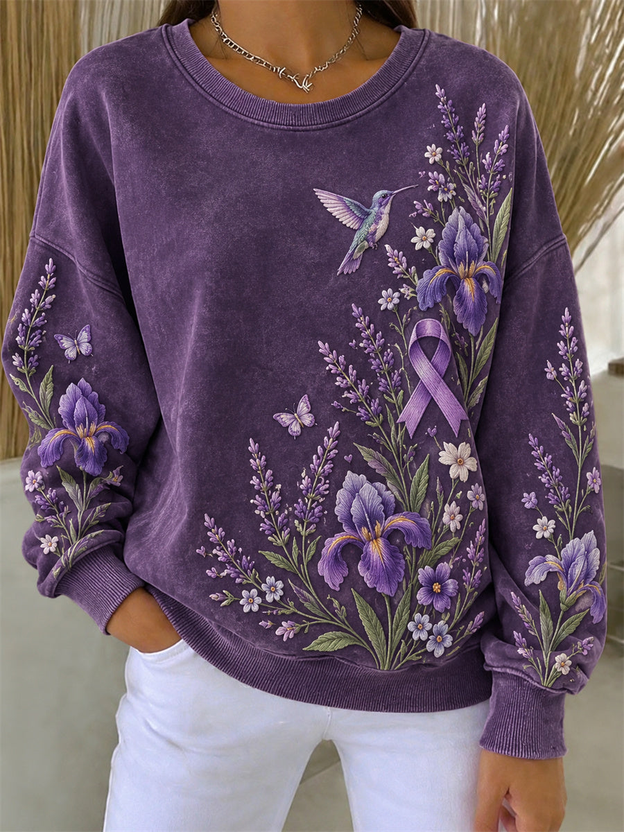 Women's Humming Bird & Irises Lavender Floral Print Alzheimer's Awareness Sweatshirt