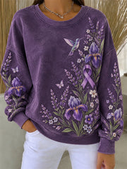 Women's Humming Bird & Irises Lavender Floral Print Alzheimer's Awareness Sweatshirt